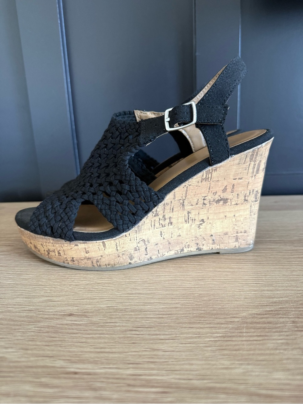 SO Black Braided Slingback Wedge Sandals with Cork Platform